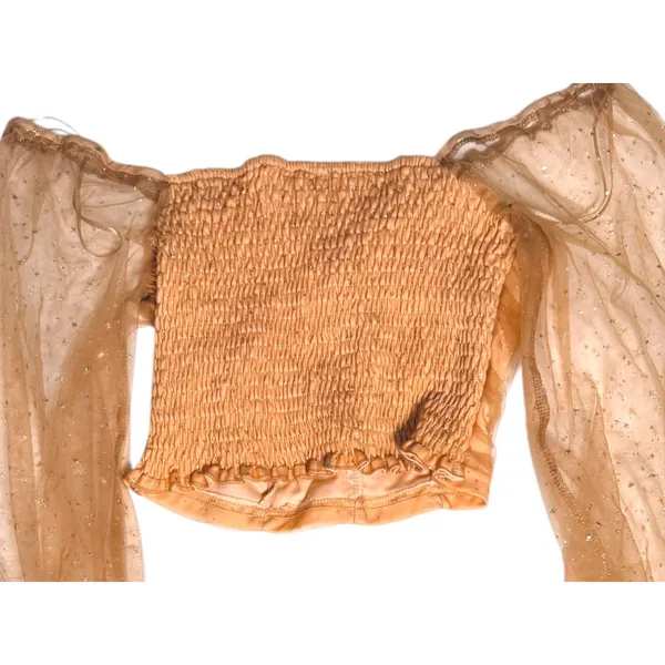 Peach brand Crop Top XS Sheer Star Mesh Balloon Sleeve Ruched Gold ballet fairy - Image 3