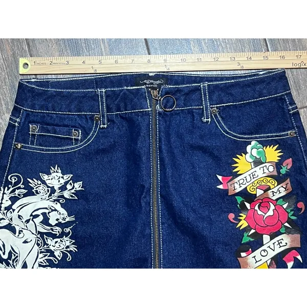 Ed Hardy Denim Mini Skirt Y2K Panther Rose Tattoo Blue Size Large Full Zip Retro - Image 6