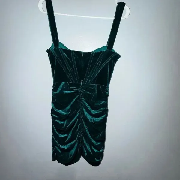 Trendy & Unique Women’s Medium Emerald Green Velvet Ruched Bodycon Mini Dress #1 - Image 5