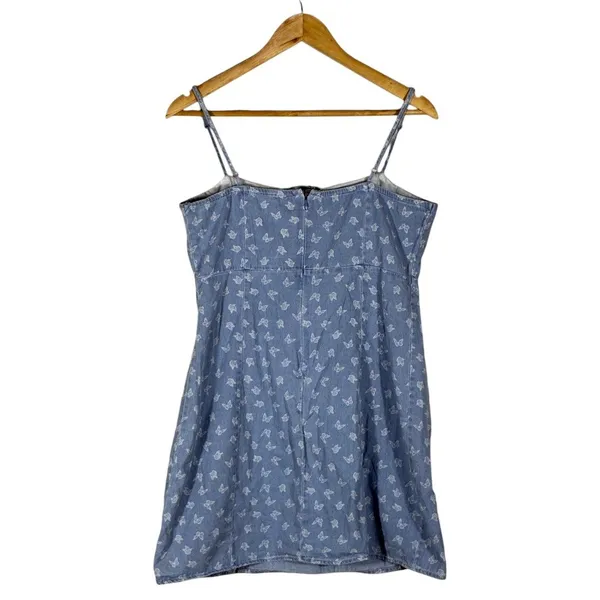 Aeropostale Butterfly Print Denim Mini Dress Blue Y2K Cutout Tie Front Size L - Image 4