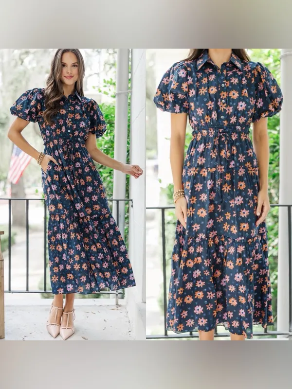 Pinch Looking Your Way Navy Blue Floral Cotton Midi Dress - Image 2