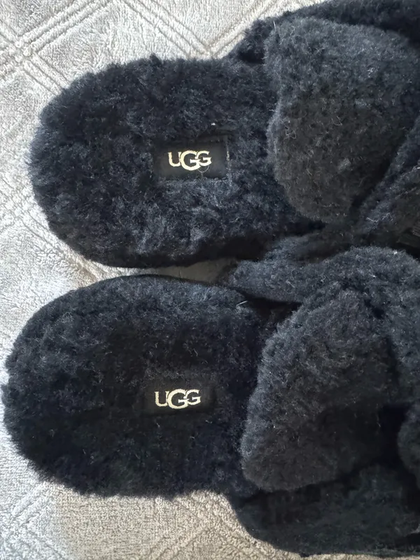 UGG Women Black Fluffy Slippers Sheepskin with adorable straps size 7 - Image 2