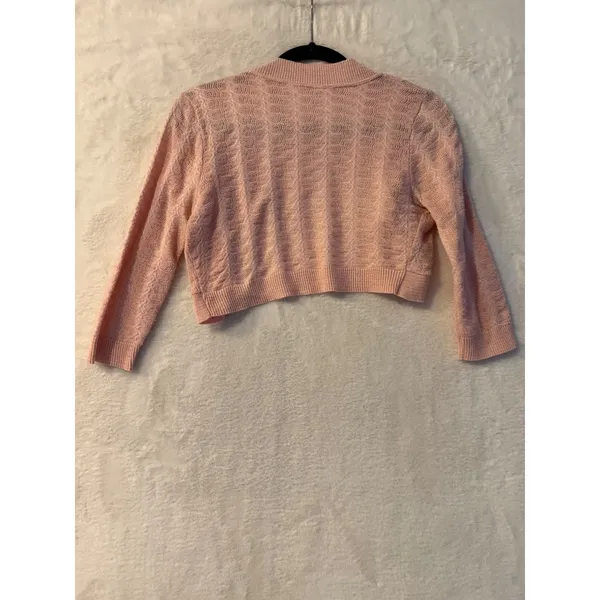 Candies Pink Shimmer Cropped Shrug Sweater Open Front‎ Bolero 3/4 Sleeve Small - Image 4