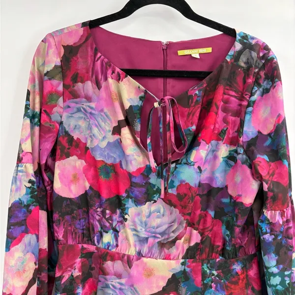 Gianni Bini Floral Dress Lined Balloon Sleeves Flirty Tie Front Keyhole medium - Image 3