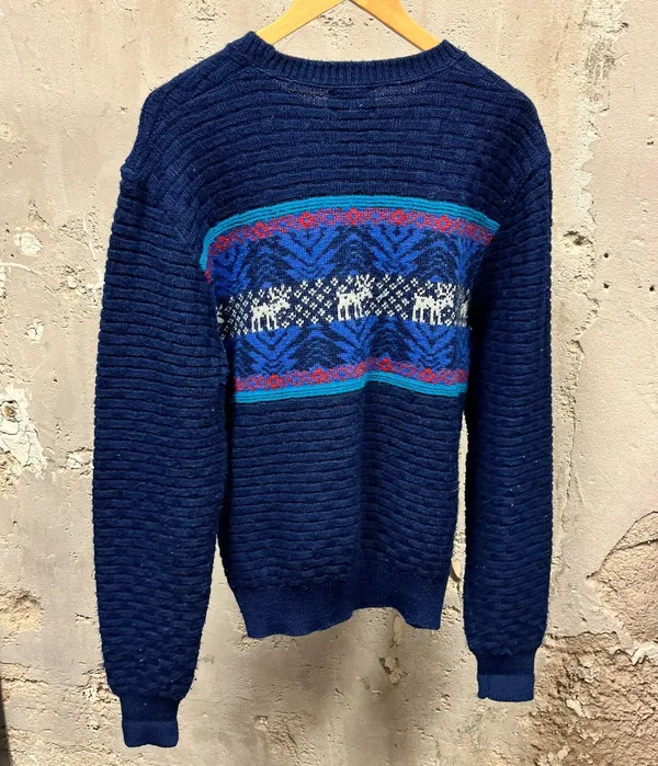 Reed St. James Blue Moose Print Nordic Wool Knit Sweater USA Made Large L 90s - Image 4