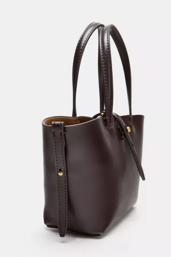 Zara Burgundy Red Brown Mini Basket Shopper Tote Bag Crossbody Shoulder Purse - Image 2