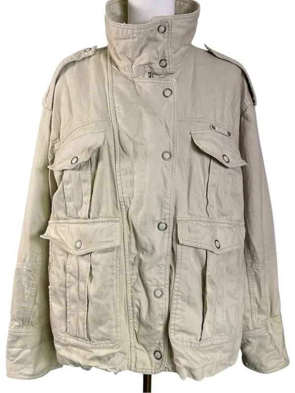 Free People Bohemian Kali Washed Utility Military Canvas Jacket Oat Large - Image 11