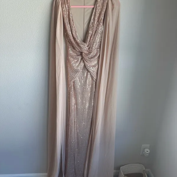 Elegant Sequin Maxi Gown with Sheer Cape Gold Size XS - Image 2