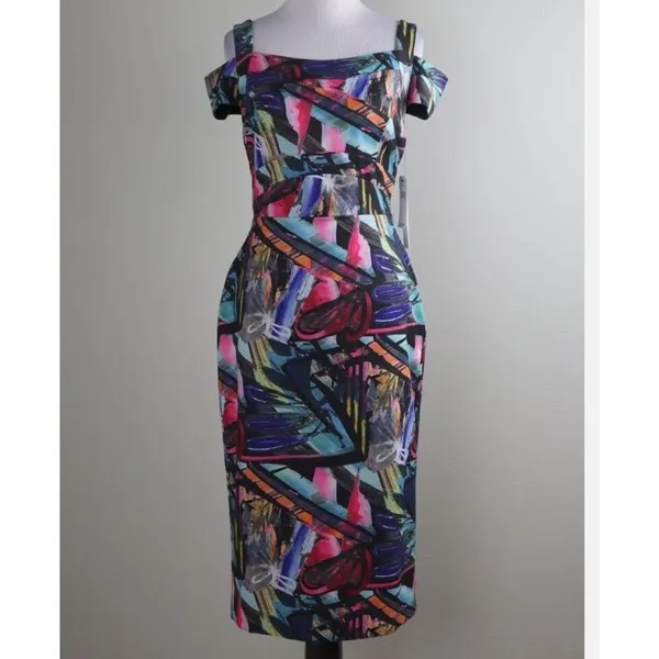 NICOLE MILLER New York NWT‎ $128 Abstract Art Print Cold Shoulder Dress Size 10 - Image 2