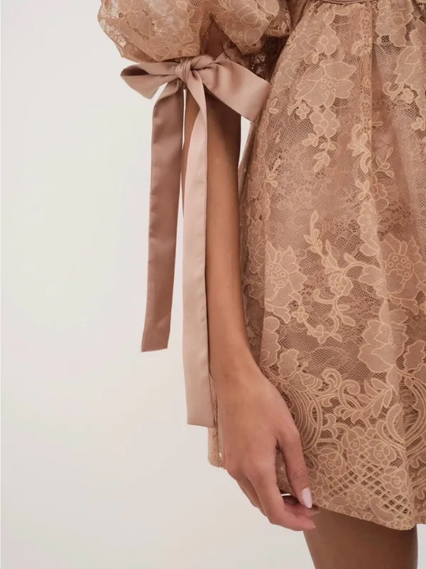 For Love & Lemons Size L Mauve Lace Puff Sleeve Mini Dress Satin Bow Ties - Image 6