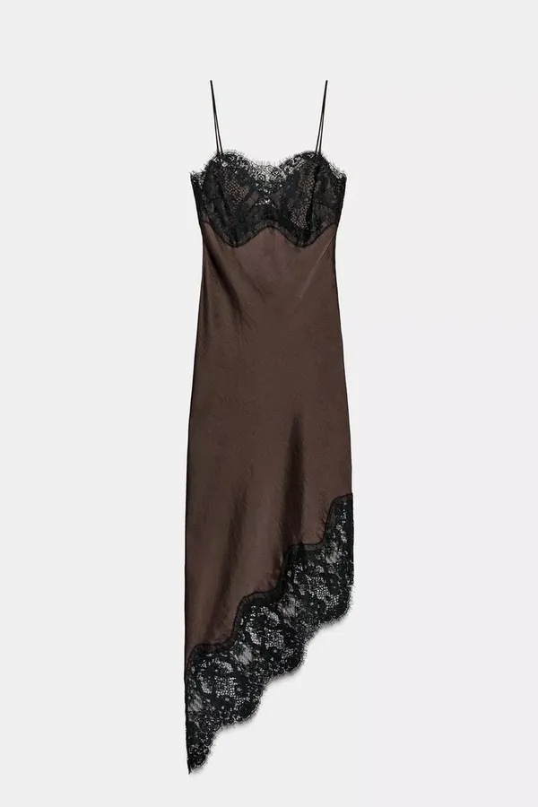 Zara Satin Lace Slip Mini Evening Dress in Deep Brown - Image 6