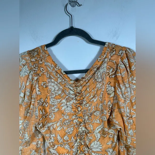 Free People Floral Crop Top XS Orange Cream Boho Long Sleeve Ruched Front Blouse - Image 5