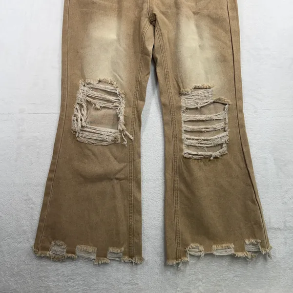 Boho S Jeans Flare Distressed Tan High Rise Raw Hem Shredded Knee Streetwear - Image 3