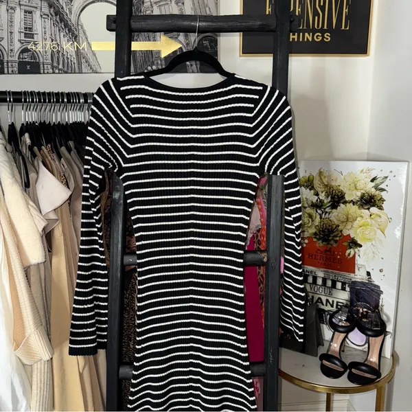 Club Monaco Black And White Striped Ribbed Midi Sweater Dress With Bell Sleeves - Image 12