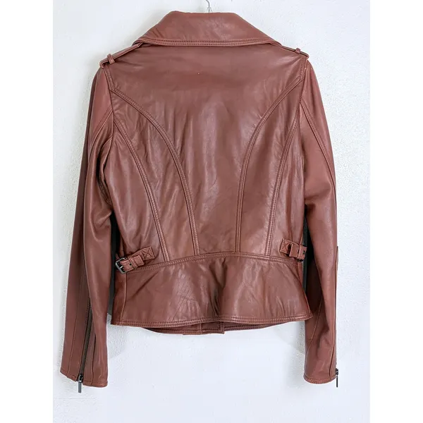Y2K Vintage Leather Moto Jacket Cognac Brown Pelle Studio Funnel Neck M - Image 8