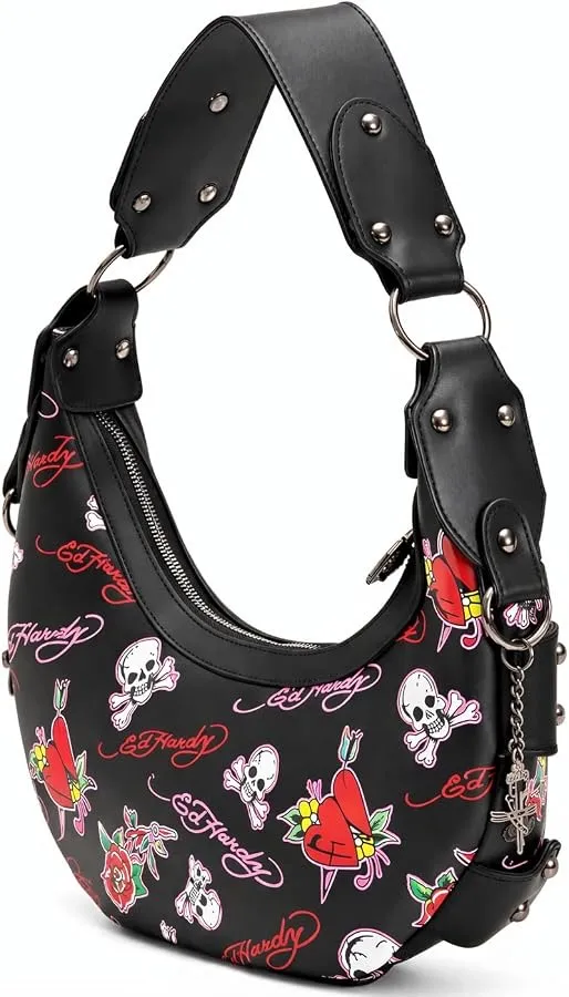 🔥 NWT Ed Hardy Y2K Tattoo Print Studded Hobo Bag Black 🖤 - Image 6
