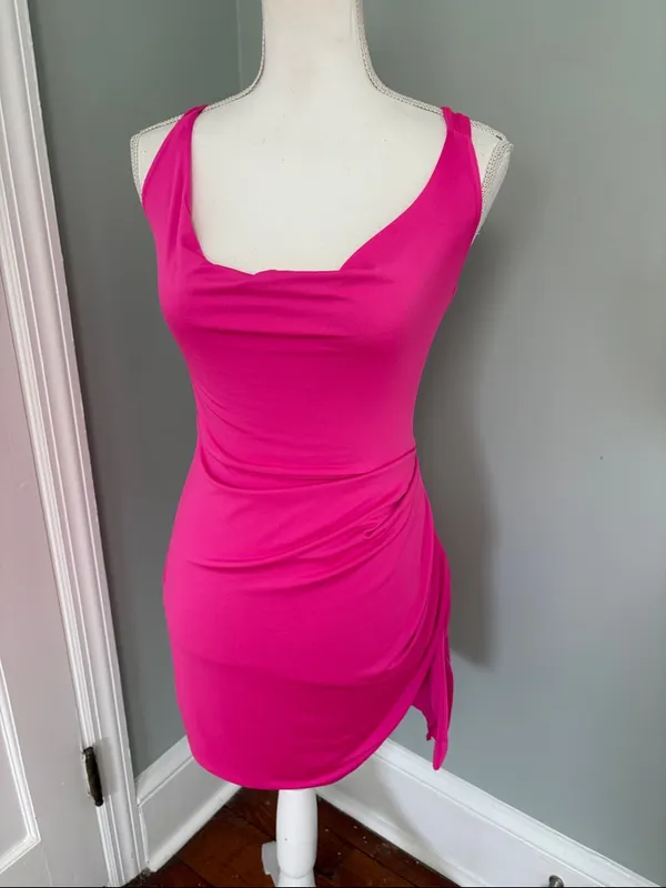 SHEIN‎ Hot Pink Sleeveless Cowl Neck Mini Dress Bow Back Open Size 6 Stretch - Image 3