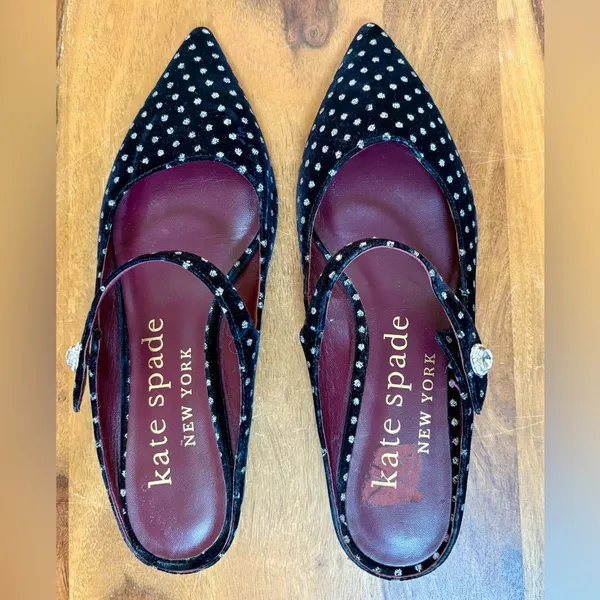 KATE SPADE Meg Black Velvet Rhinestone Button Polka Dot Pointed Mule Shoes - Image 6