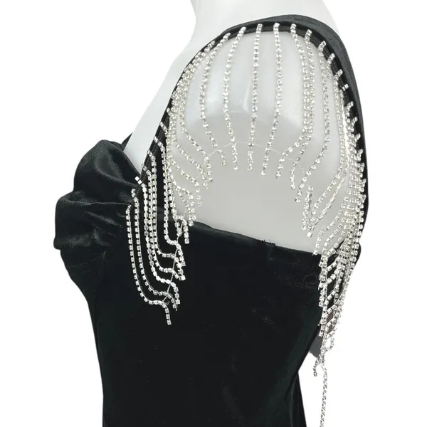 NEW JJ's House Black Velour Velvet Jeweled Fringe Holiday Mini Bodycon Dress L - Image 7