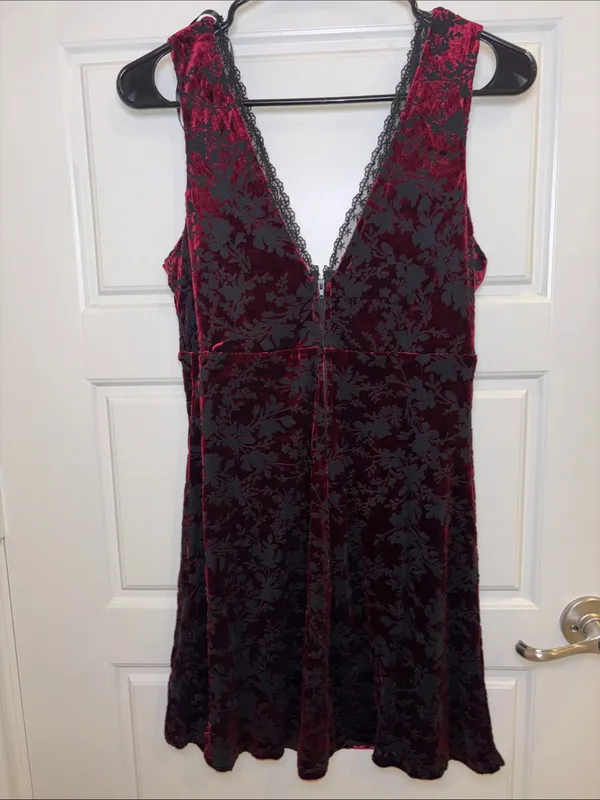 Burgundy Floral Burnout Velvet Lace Trim Mini Dress V-Neck Sleeveless L - Image 3