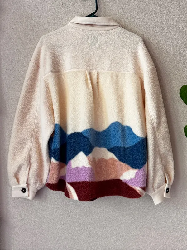 SO Cream Teddy Jacket with Blue, Purple & Burgundy Wave Panels - Image 3