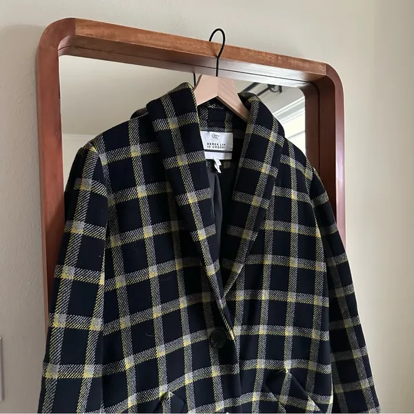 Derek Lam 10 Crosby Plaid Cocoon Coat Women's 4 Navy and Yellow Wool Blend Lined - Image 4
