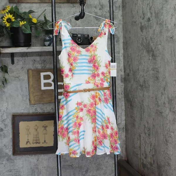 NWT City Studios Juniors Belted Floral-Print Fit & Flare Dress Blue Multi 3 - Image 3