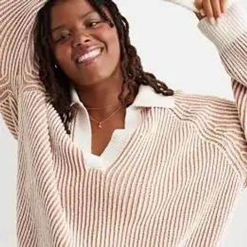 Aerie Sweater Women XS Tan Cream Striped V-Neck Collared Ribbed Oversized - Image 2
