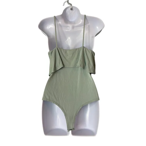 LA Hearts Sage Green Ruffle V-Neck Bodysuit Size M Spaghetti Strap Festival Boho - Image 2