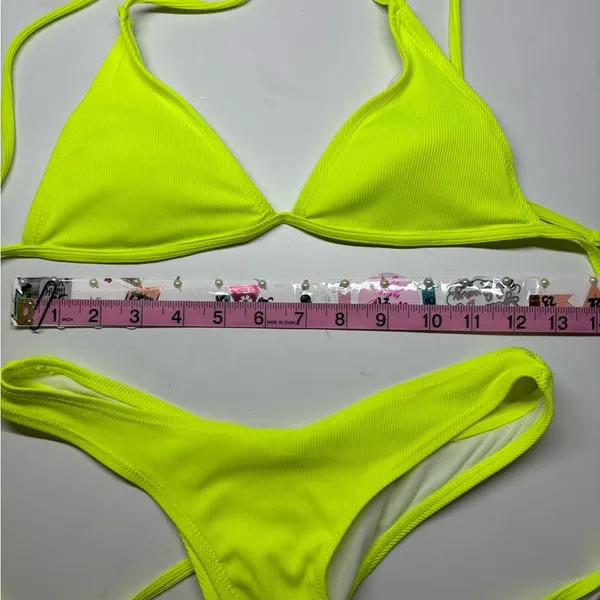 Source Unknown Neon Lime Ribbed Triangle Bikini Set - Image 4