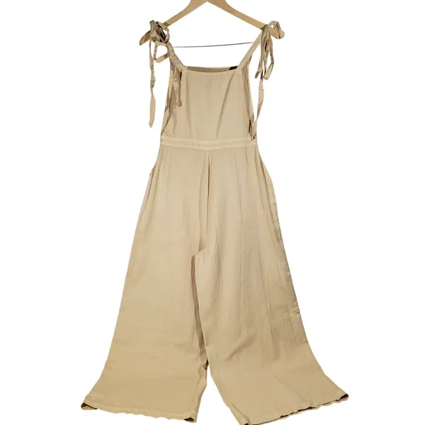 ASOS DESIGN Wide Leg Tie Strap Jumpsuit Tall Beige Cotton‎ Women's Size 0 - Image 2