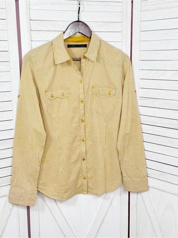 Zara TRF Striped Elbow Patch Western Style Button Up Shirt Yellow Medium - Image 6
