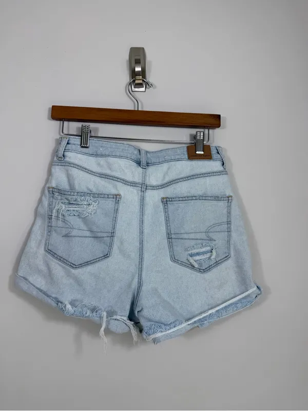 American Eagle Size 8 Super High Rise Distressed Light Wash Denim Shorts - Image 2