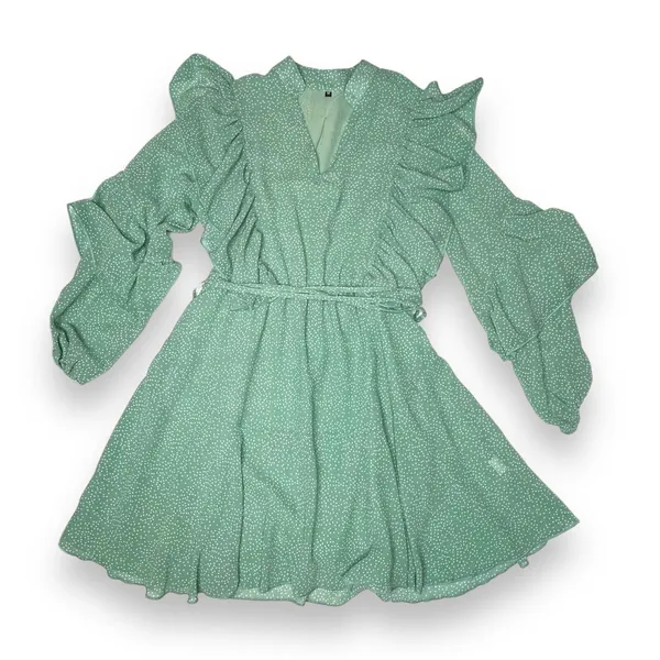 Sage Green Polka Dot Long Sleeve Ruffle Mini Dress Casual Flowy‎ Swing Medium - Image 5