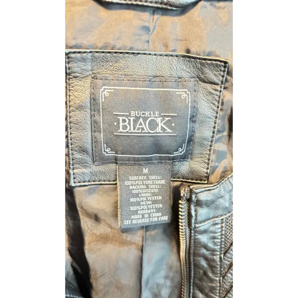 Buckle Black Motorcycle Grunge biker faux leather zip up jacket sz Medium - Image 5