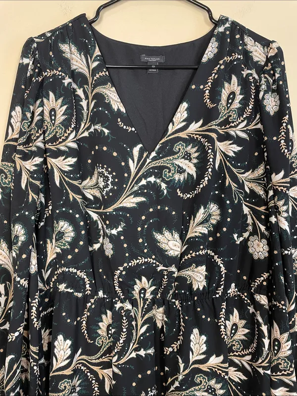 Ann Taylor Women’s Floral Chiffon Multicolor V-Neck Long Sleeve Blouson Dress - Image 2