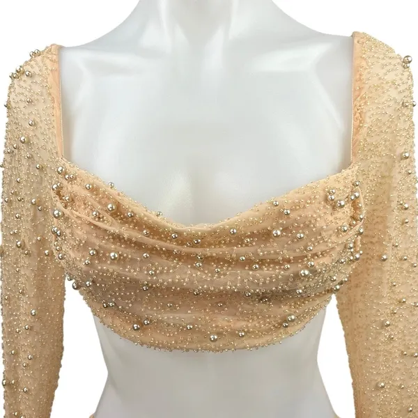 Oh Polly LA DÉSIRADE Cream Pearl Beaded Embellished Crop Top & Midi Skirt Set 2 - Image 9