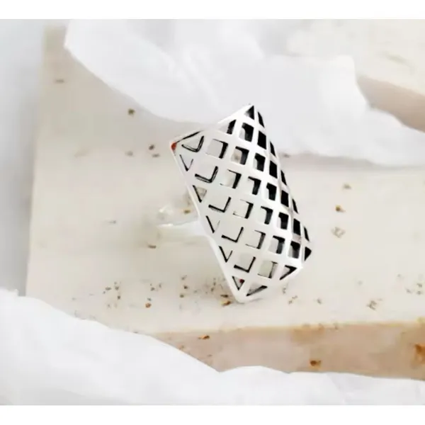 Solid Statement Ring White Gold Plated Sterling Adjustable‎ Lattice Wide Band - Image 10