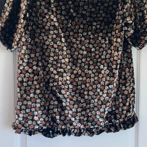 Madewell Velvet Split Sleeve Ruffle Hem‎ Floral Top Black Brown K2795 XS - Image 13