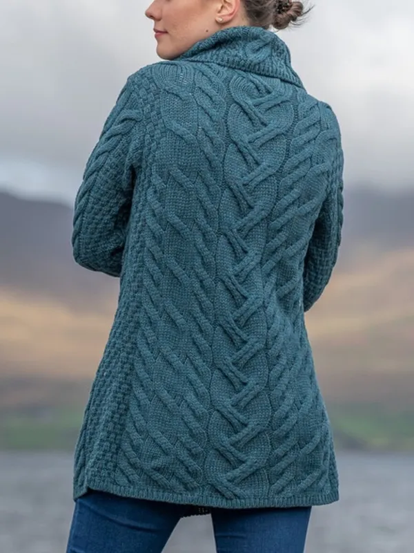 Aran Woollen Mills 3 Button Long Supersoft Merino Wool Cableknit Cardigan Blue - Image 3