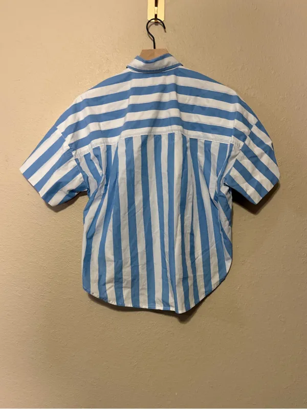 LOFT Blue Striped Short-Sleeve Button Front Top Size XXS Petite - Image 5