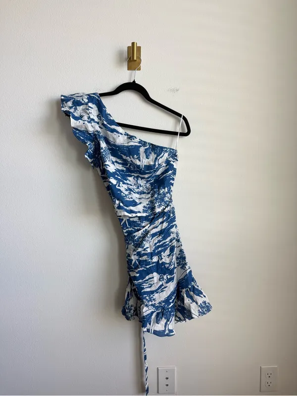 Reformation Toscana One Shoulder Wrap Linen Mini Dress Blue White Size 4 - Image 4
