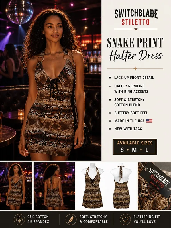 New Women's Switchblade Stiletto Snake-Print 🐍 Lace Up Halter Mini Dress Medium - Image 9