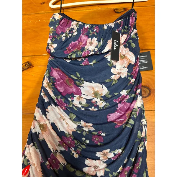 NWT Lulus Averie Navy Floral Mesh Strapless Maxi Dress Ruched Bodycon Cruise L - Image 4