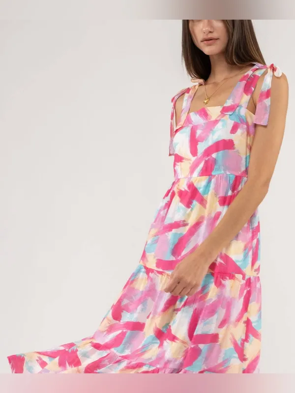 Blu Pepper Brush Stroke Print Tiered Midi Dress Size Medium NWT - Image 3