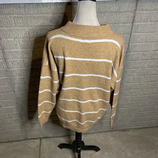 A New Day Tan White Oversized Mock Neck Long Sleeve Striped Sweater Size Medium - Image 3