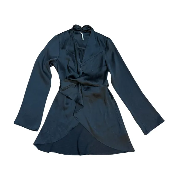 Free People Black Long Sleeve Wrap‎ Ruffle Hem Mini Dress Belted Sz M - Image 6