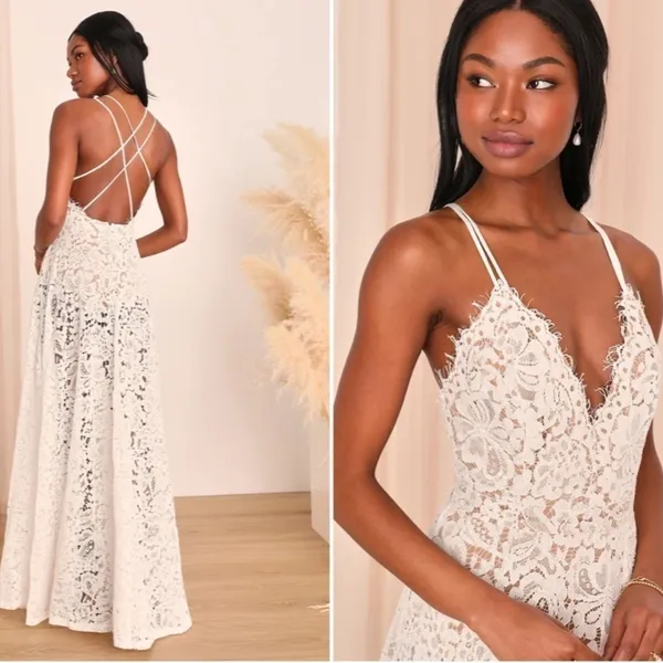 LULU's Sexy Romantic Flowy Eyelash Lace Bridal Shower Elopement Wedding Gown - Image 3