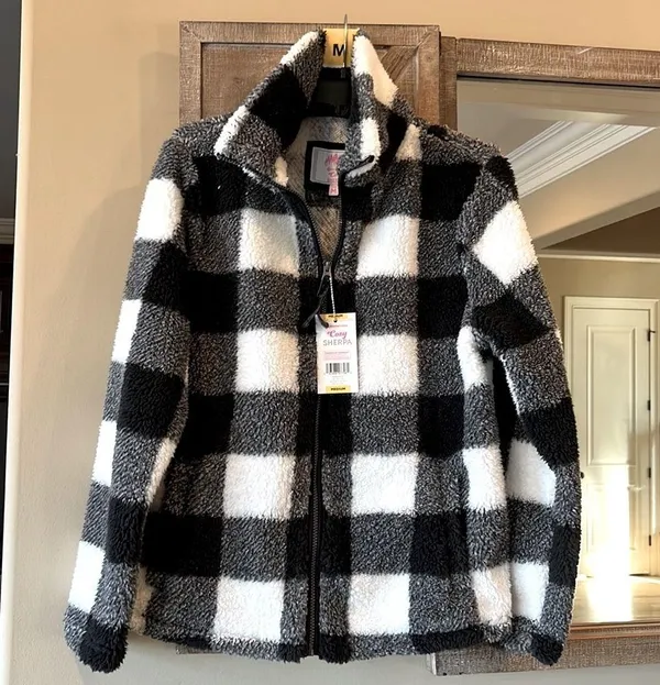 Sherpa Cozy Jacket Fluffy Zip Black White Buffalo Checkerboard Comfy Womens M - Image 8