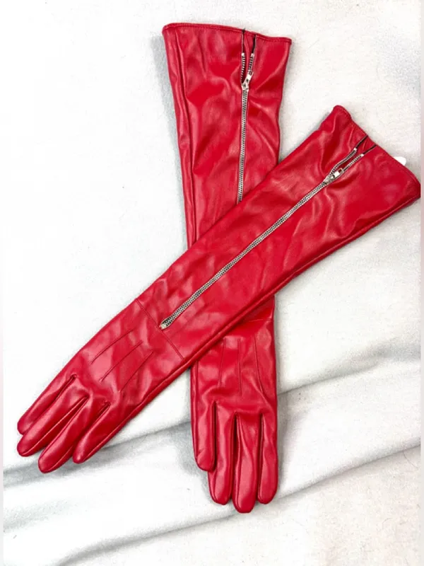 Beautiful Lipstick Red Long Faux Leather Zip Look Elbow Length Gloves - Image 5